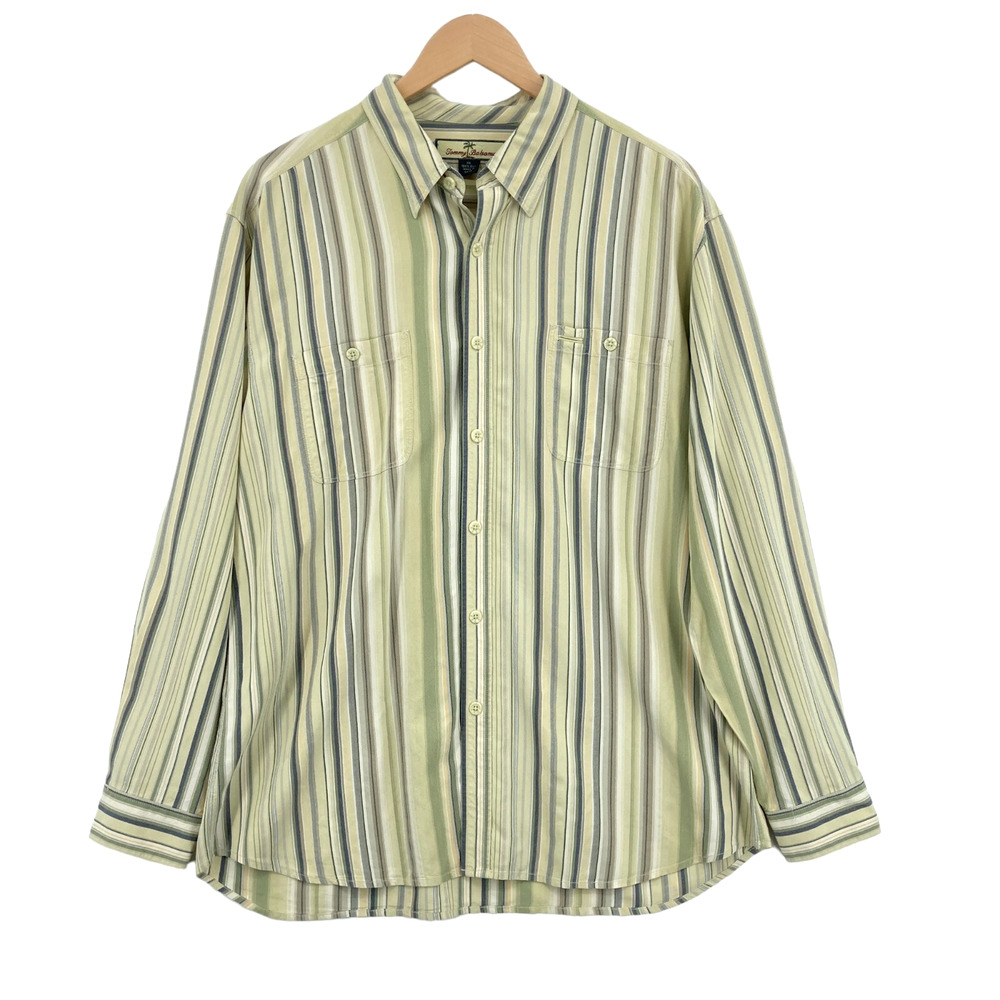 Tommy Bahama Mens Yellow Green Striped 100% Silk Long Sleeve Button Up Shirt XL